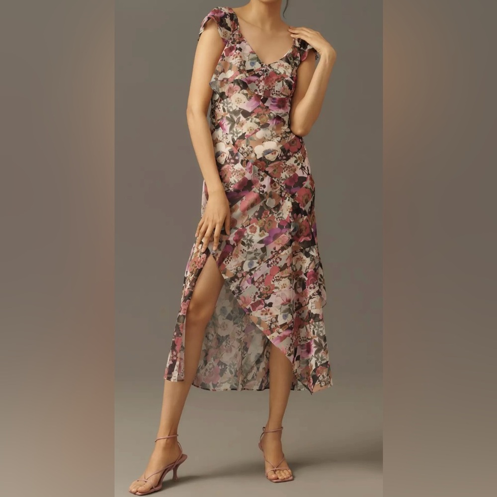 Ruffle-Sleeve Floral Slip Midi Dress
